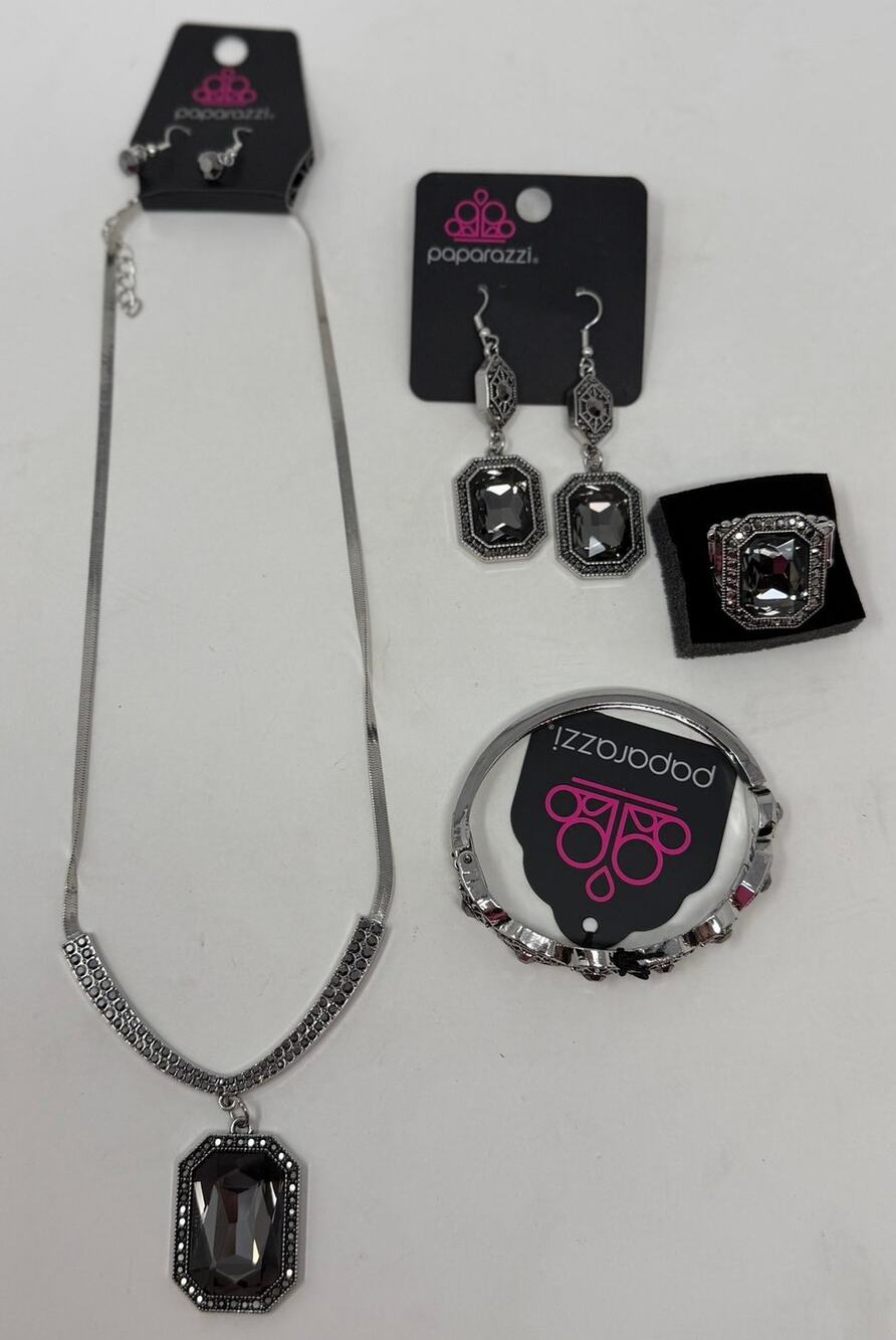 Paparazzi Necklace Bracelet Ring Two Sets of Earrings Silver Smokey Gray Stones